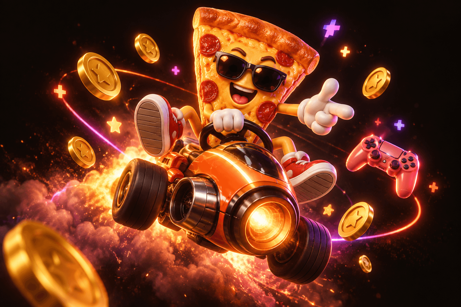 A pizza character racing through a neon arcade universe on a rocket kart